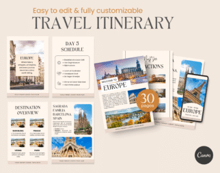 Travel Itinerary Template for Trip Planning, Editable Printable Travel Guide or Travel Agent Planner | Holiday, Honeymoon & Vacation planner